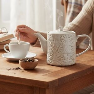 World Market Holiday Teapot Cream Reactive Glaze Embossed Ceramic NWT